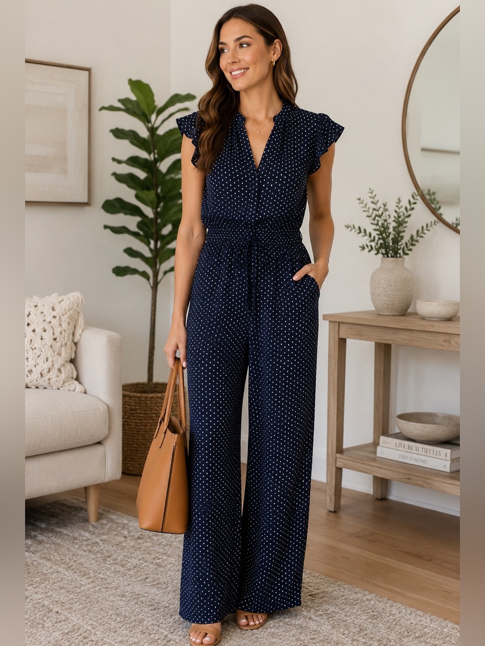 Monteau Navy White Polka Dot Jumpsuit Ruffle Sleeve Size L